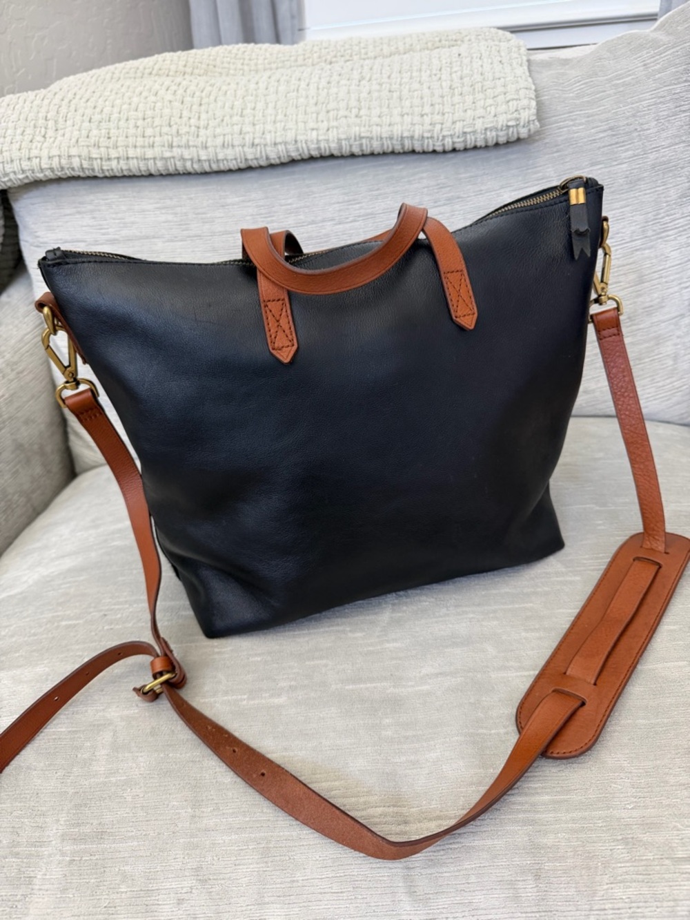 Madewell Transport Satchel Black Leather w/ English Saddle Trim B2135